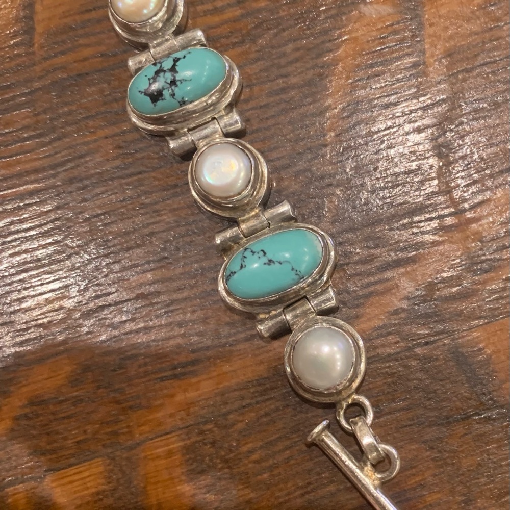 Vintage pearl and turquoise sterling silver bracelet - Picture 10 of 12